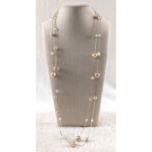 Long Station Necklace Faux Pearl Clear Beads Silver Tone Layered Slip On